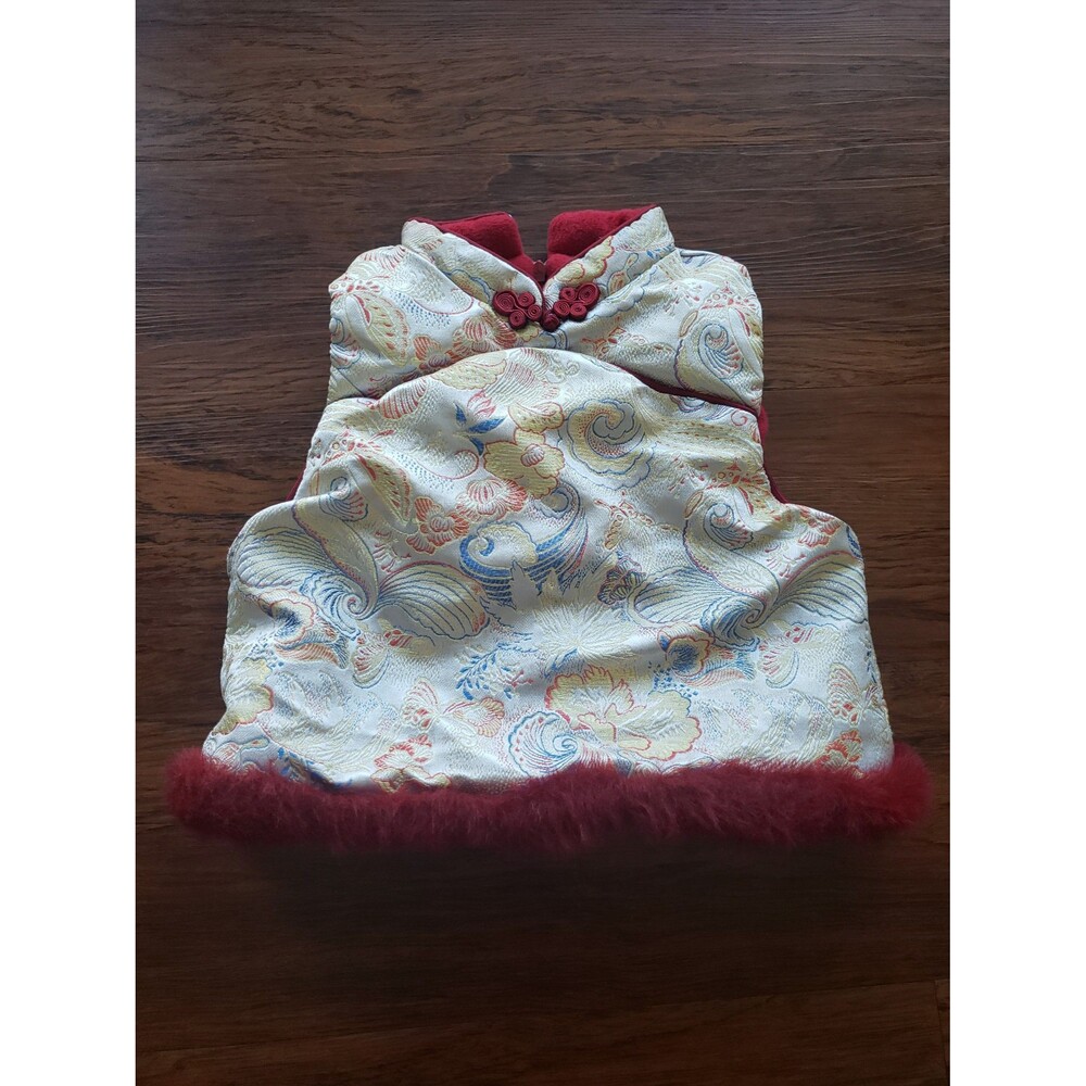 Chinese Embroidered QiPao Girls Sleeveless Top Fleece Lined Faux Fur Trim